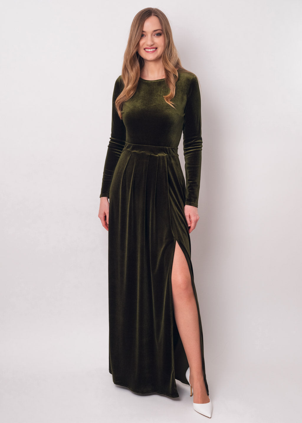 Olive green velvet slit dress