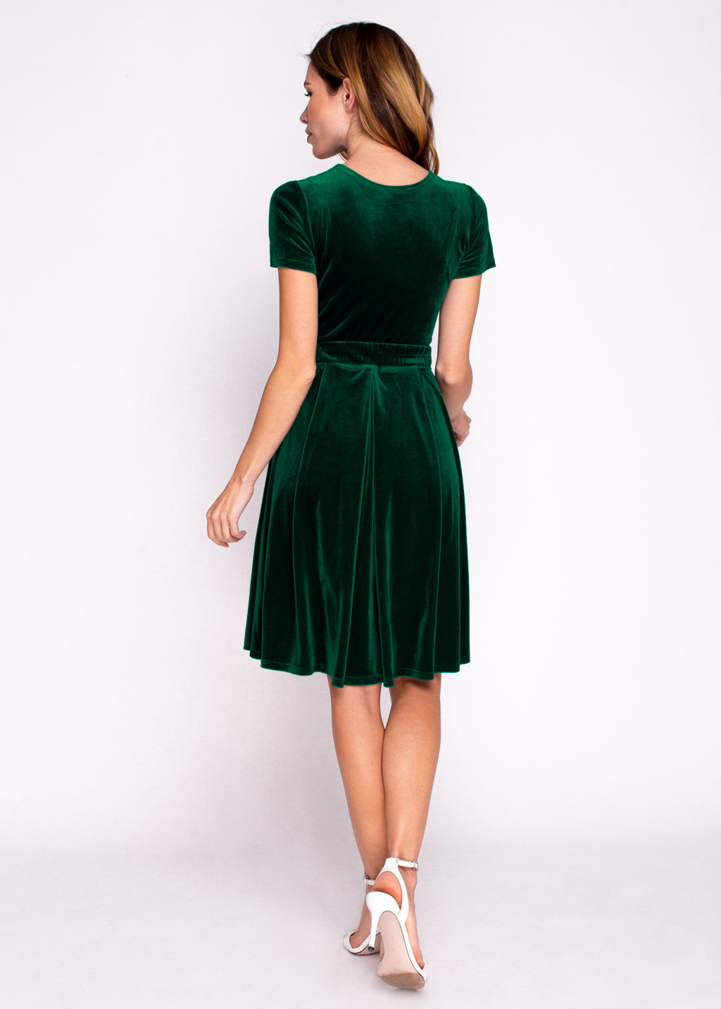 Emerald green velvet dress with belt