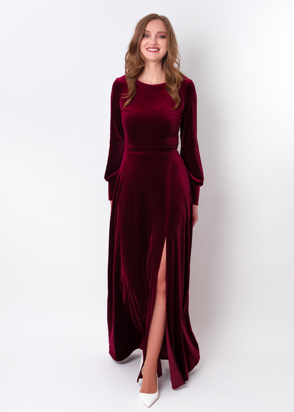 Plum burgundy velvet long slit dress