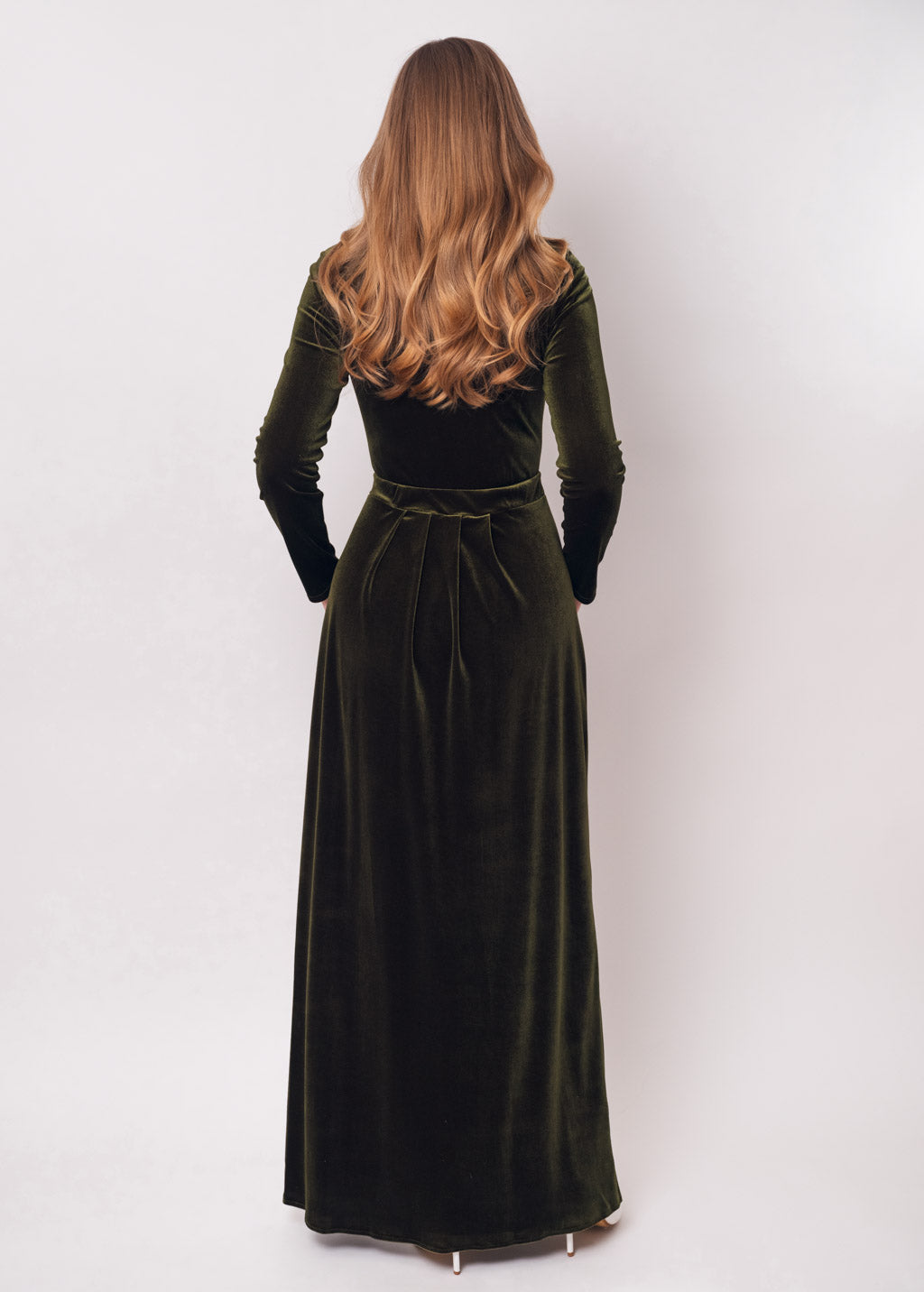 Olive green velvet slit dress