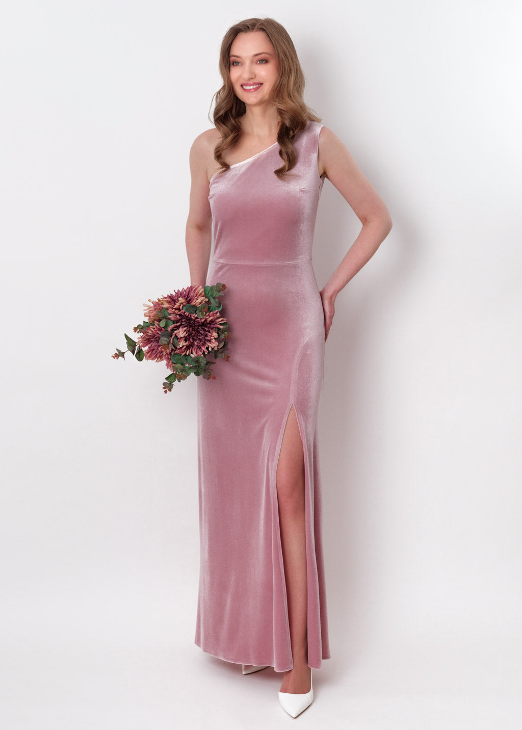 Mauve velvet one shoulder slit dress