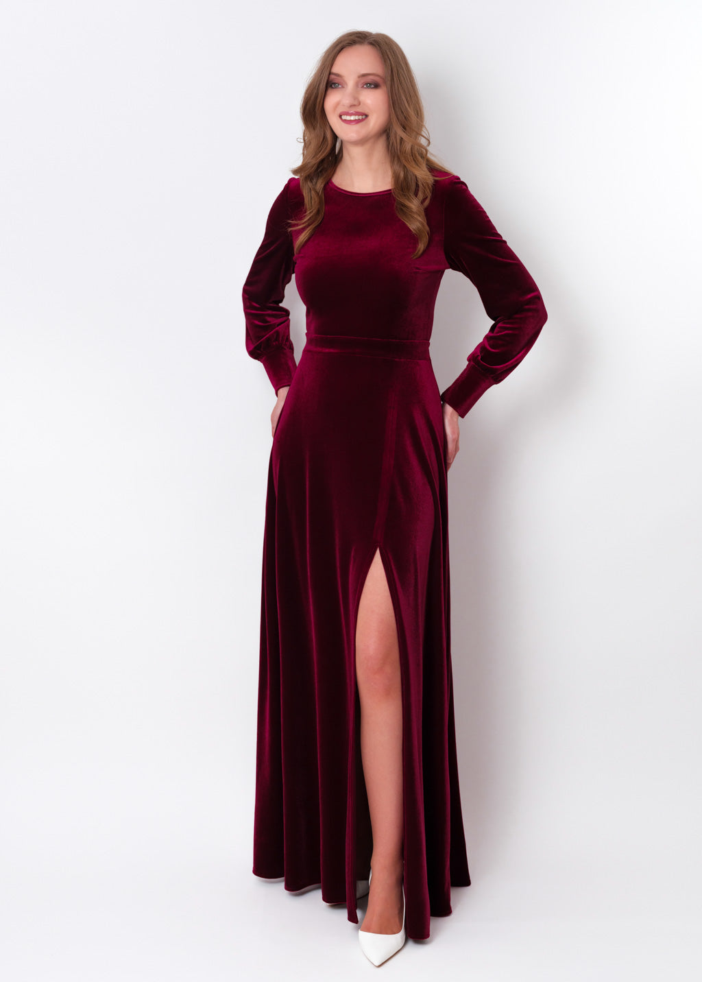Plum burgundy velvet long slit dress