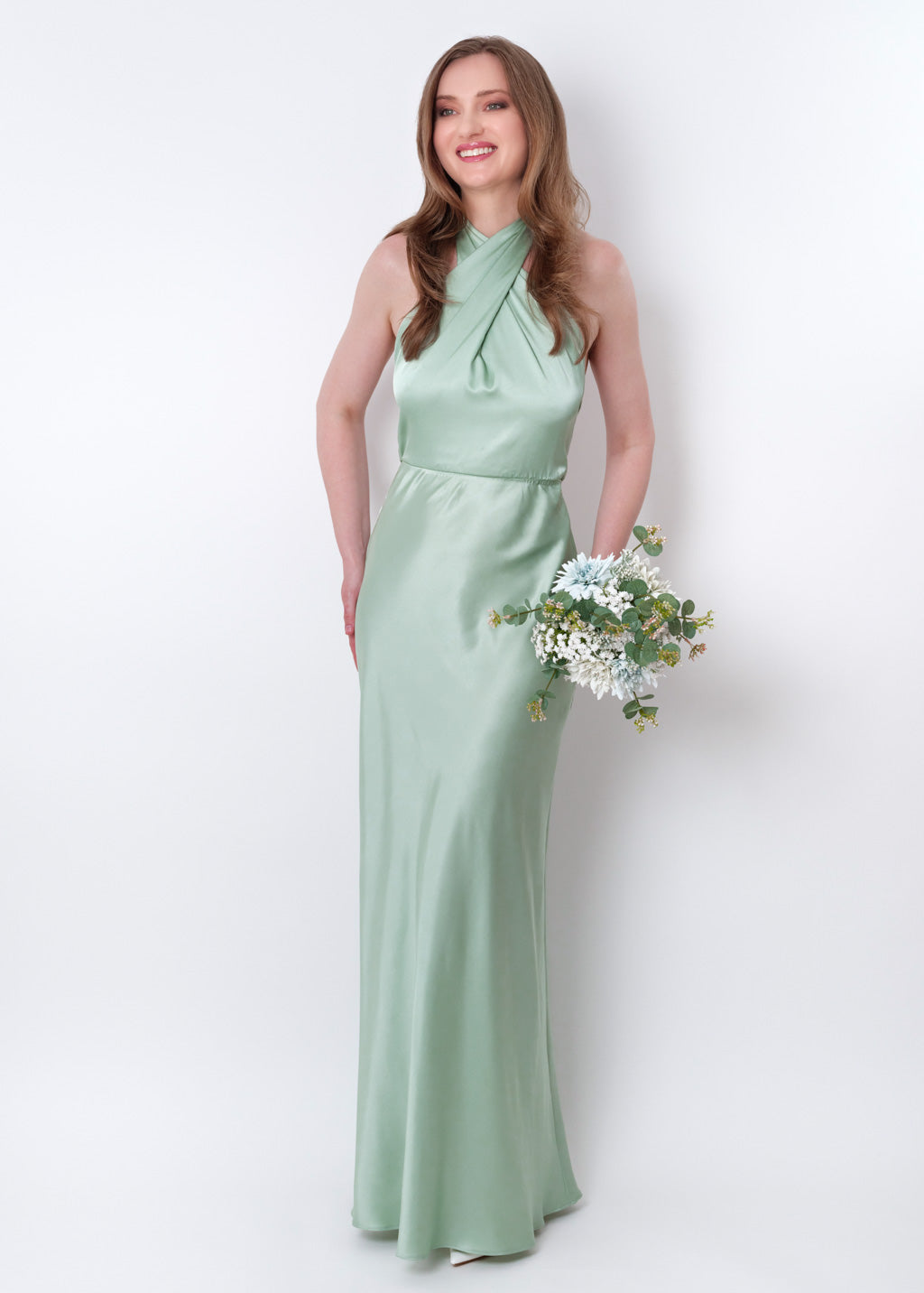 Light sage silk long halter dress