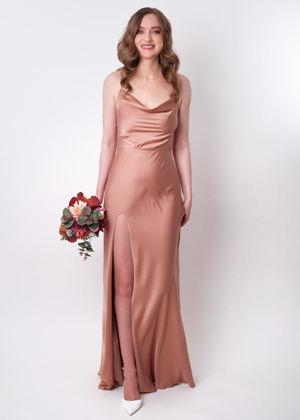 Rose gold silk slip slit dress