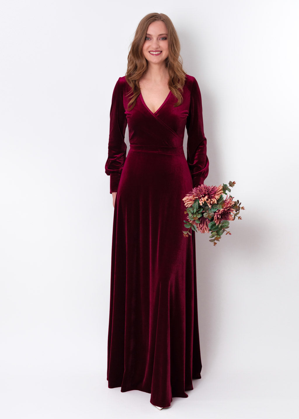 Plum burgundy velvet long wrap dress