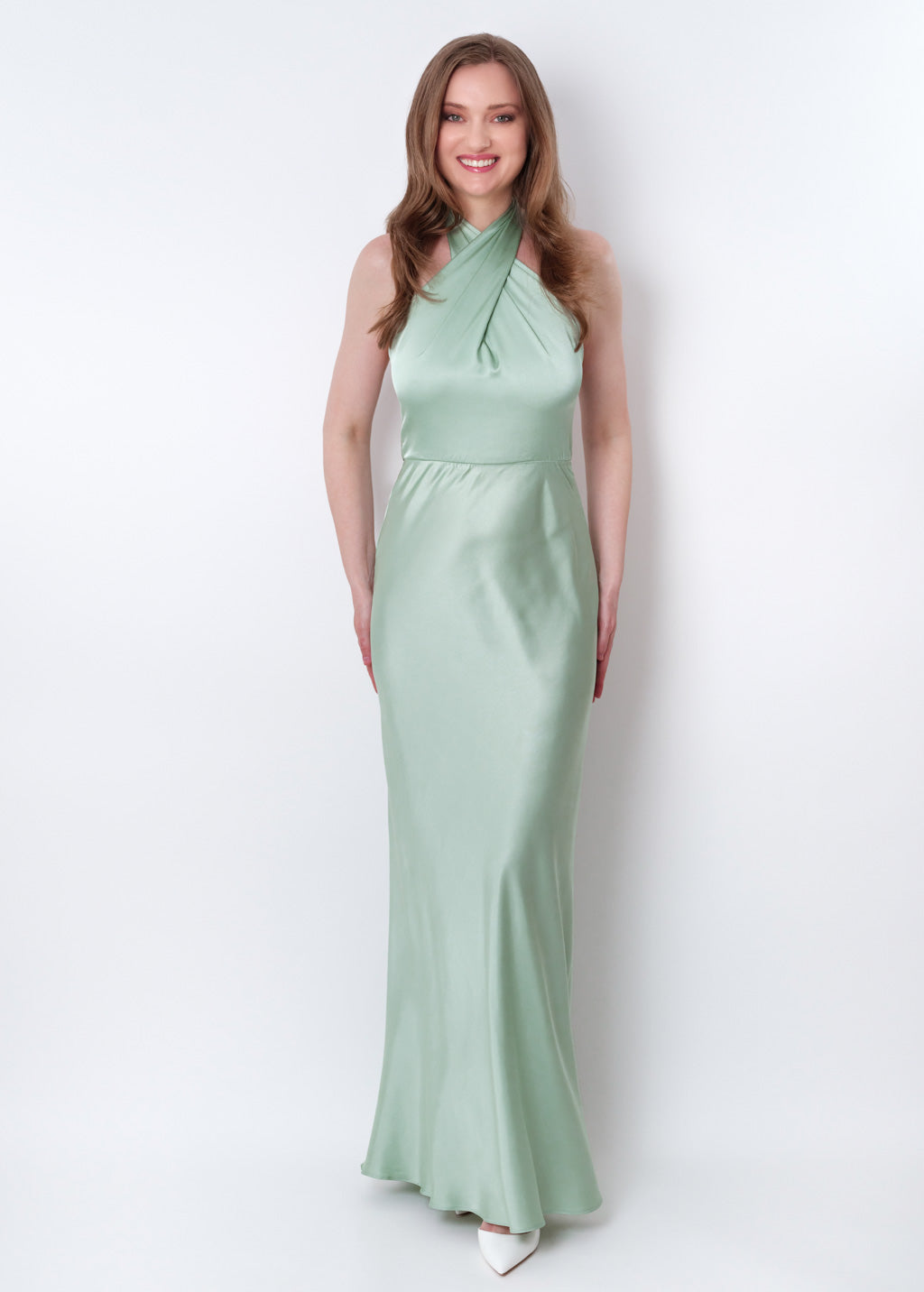 Light sage silk long halter dress