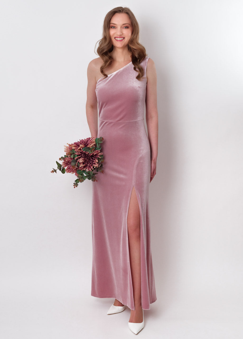 Mauve velvet one shoulder slit dress