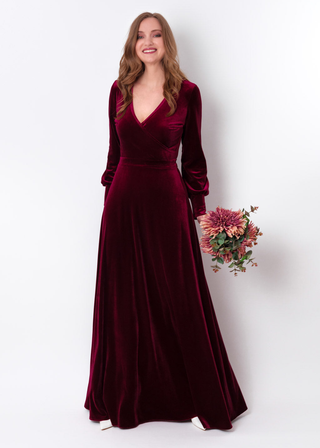 Plum burgundy velvet long wrap dress