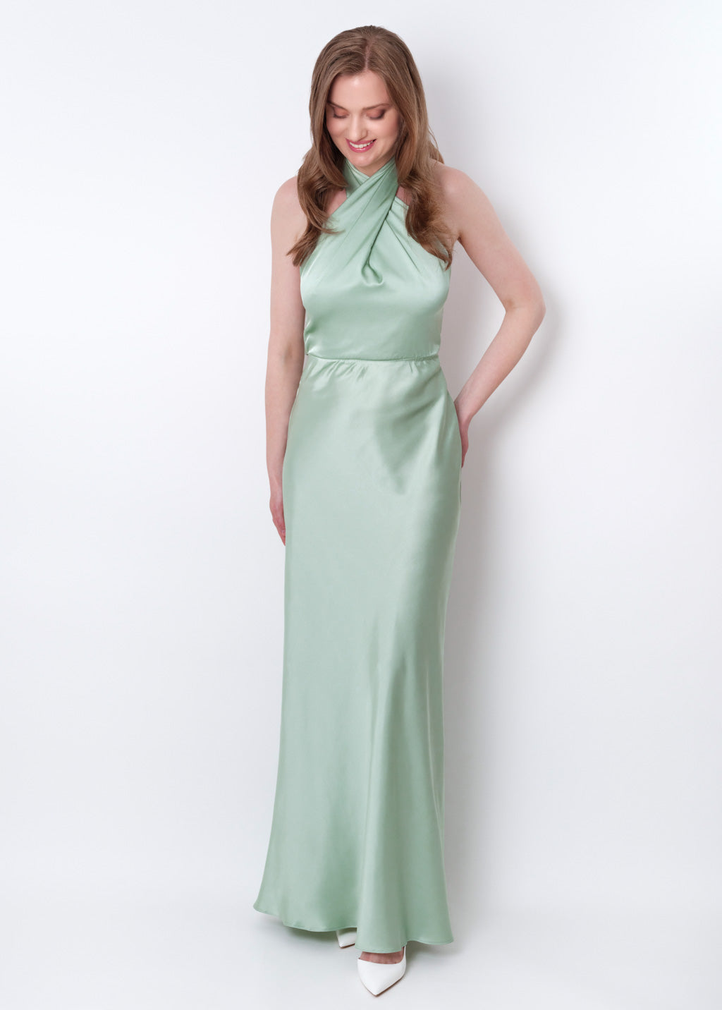 Light sage silk long halter dress