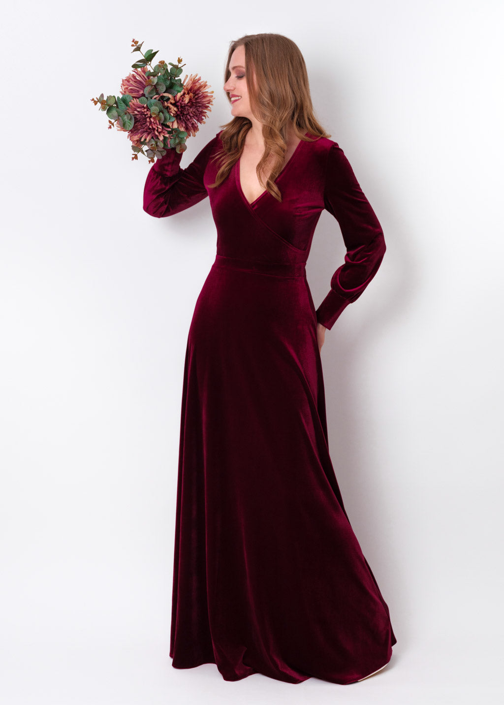 Plum burgundy velvet long wrap dress