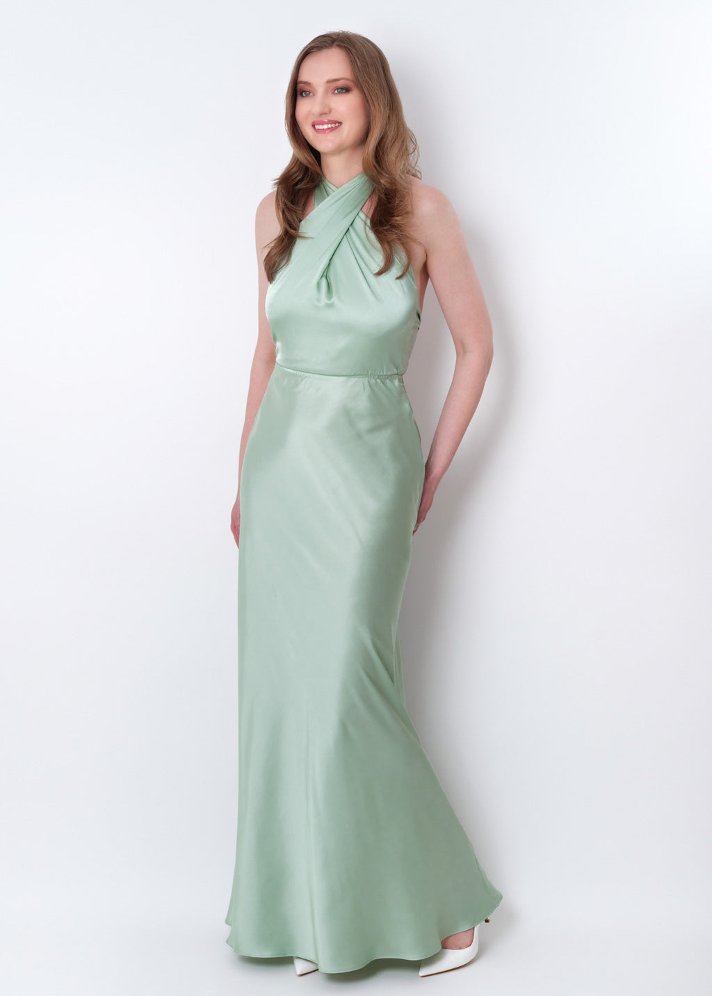 Light sage silk long halter dress