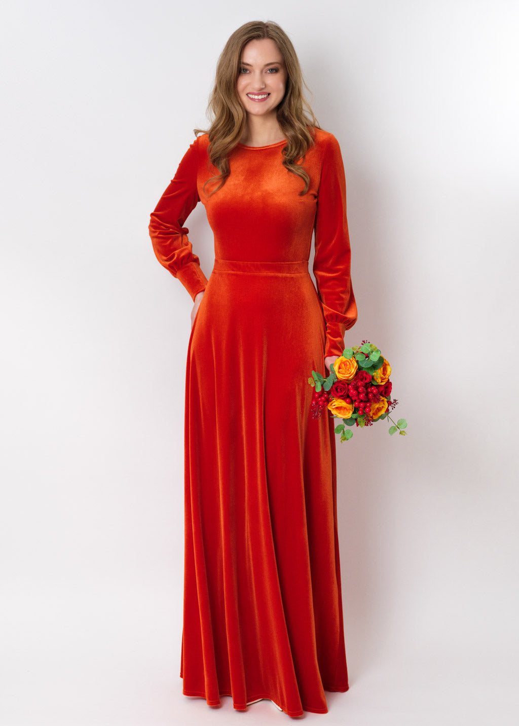 Rust orange velvet long dress