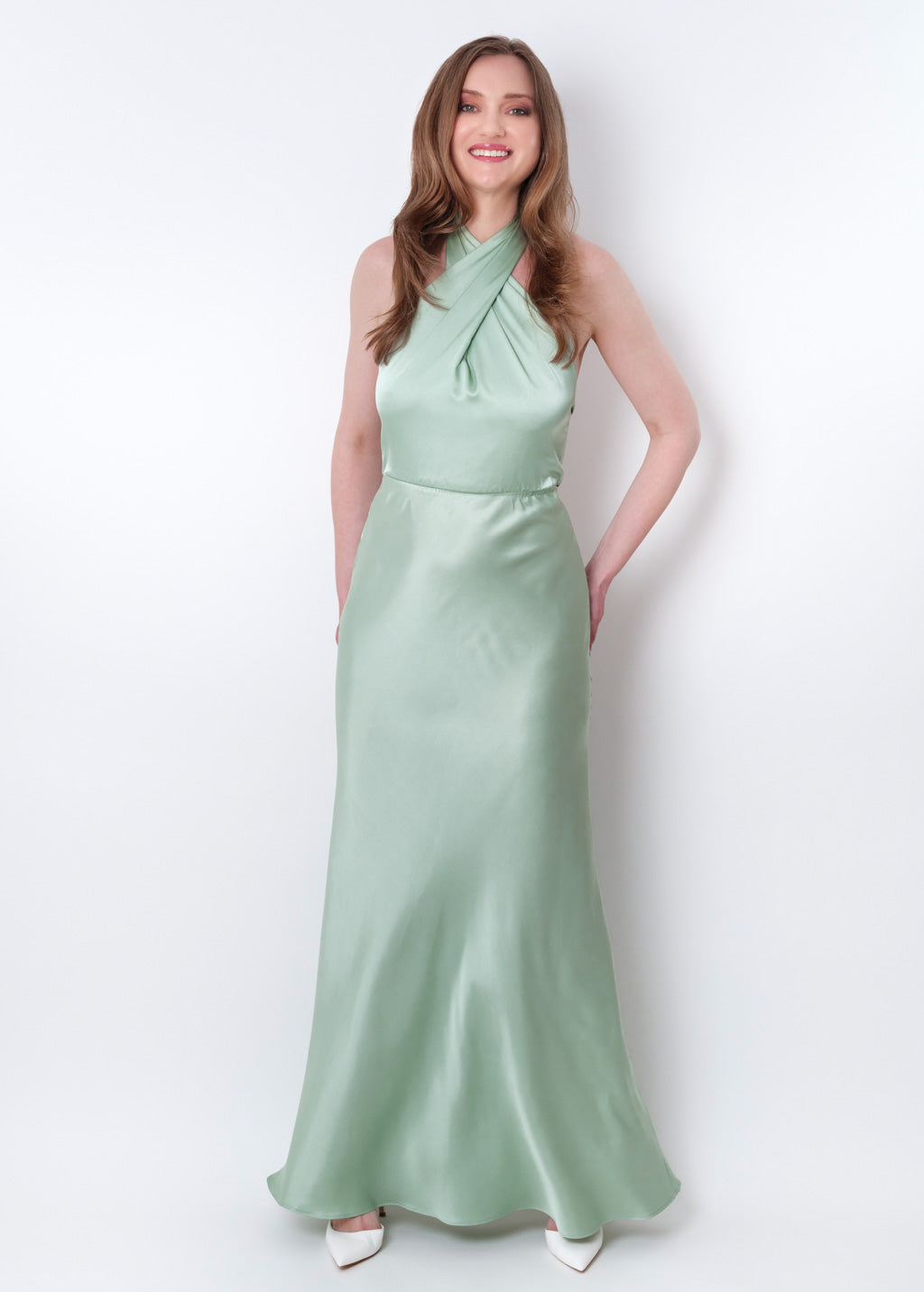 Light sage silk long halter dress