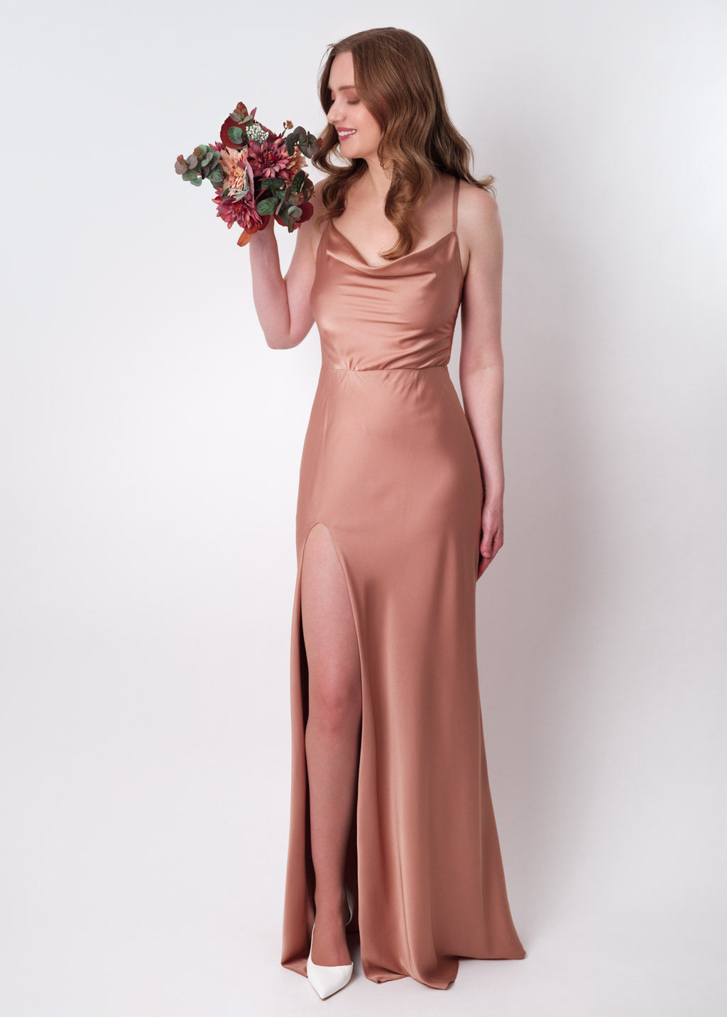 Rose gold silk slip slit dress