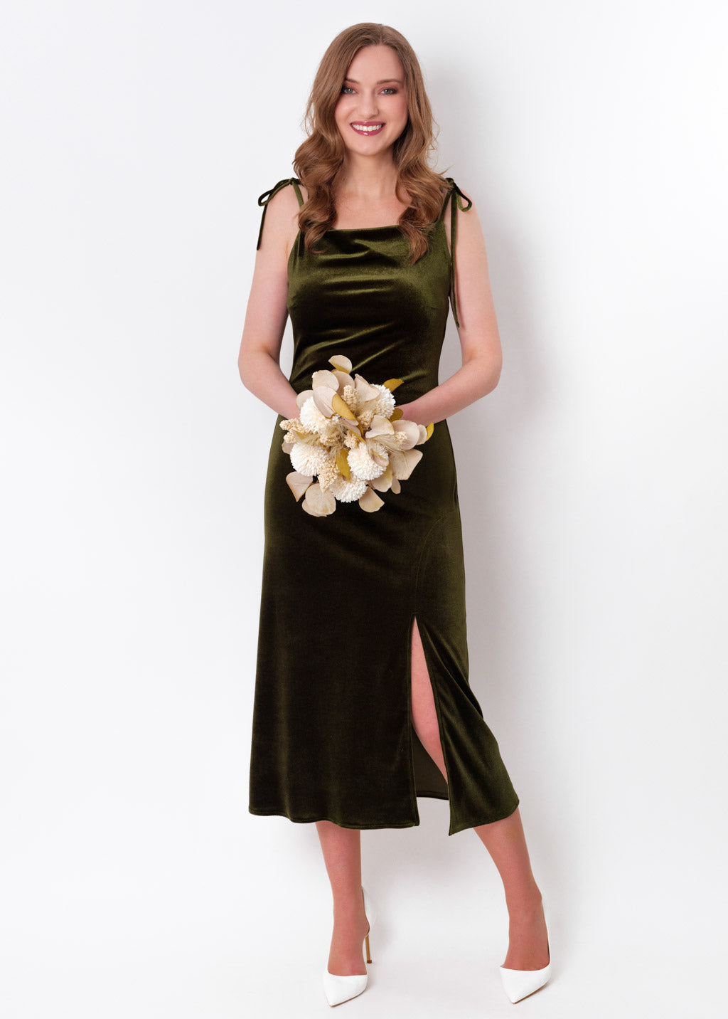 Olive green slip slit velvet bodycon dress