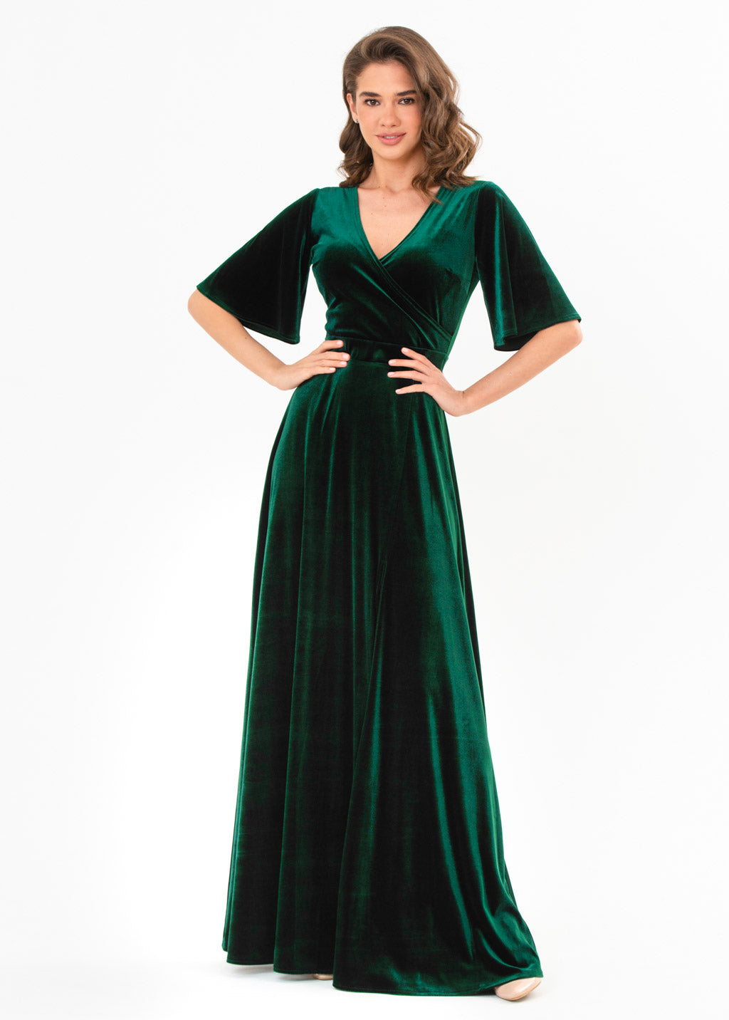 Emerald green velvet wrap slit dress