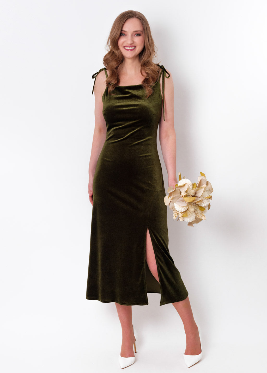 Olive green slip slit velvet bodycon dress