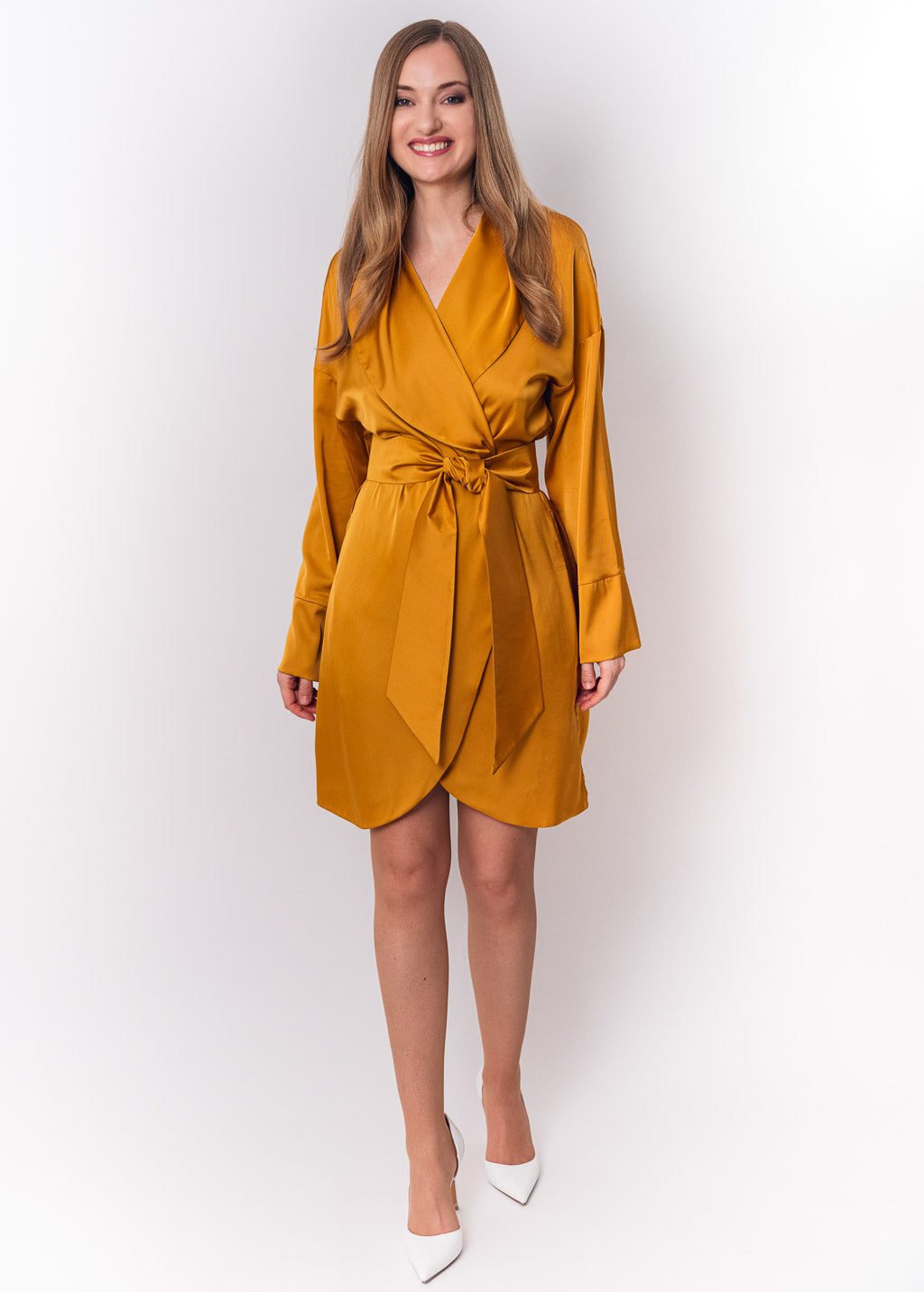 Gold silk robe with pockets