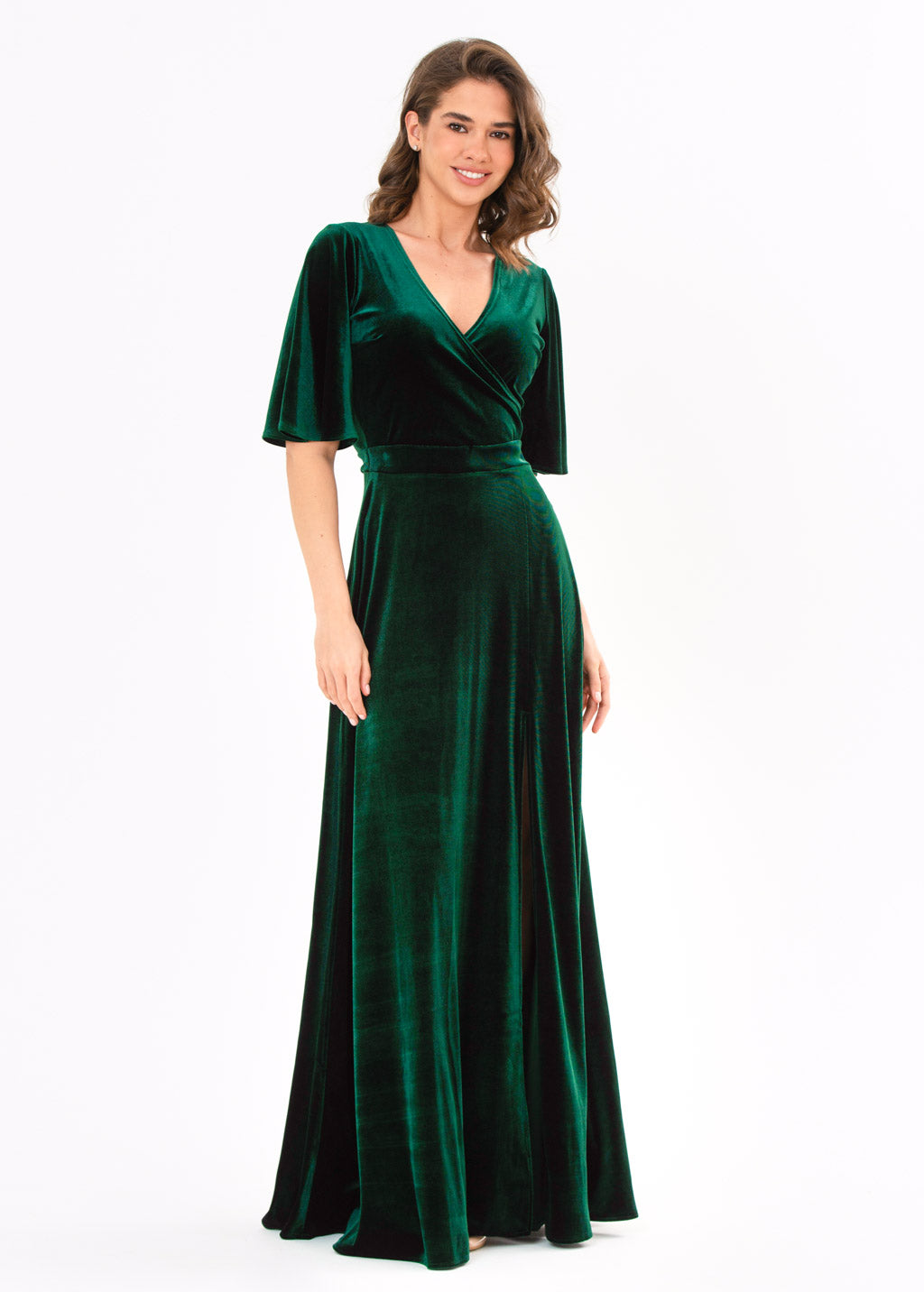 Emerald green velvet wrap slit dress