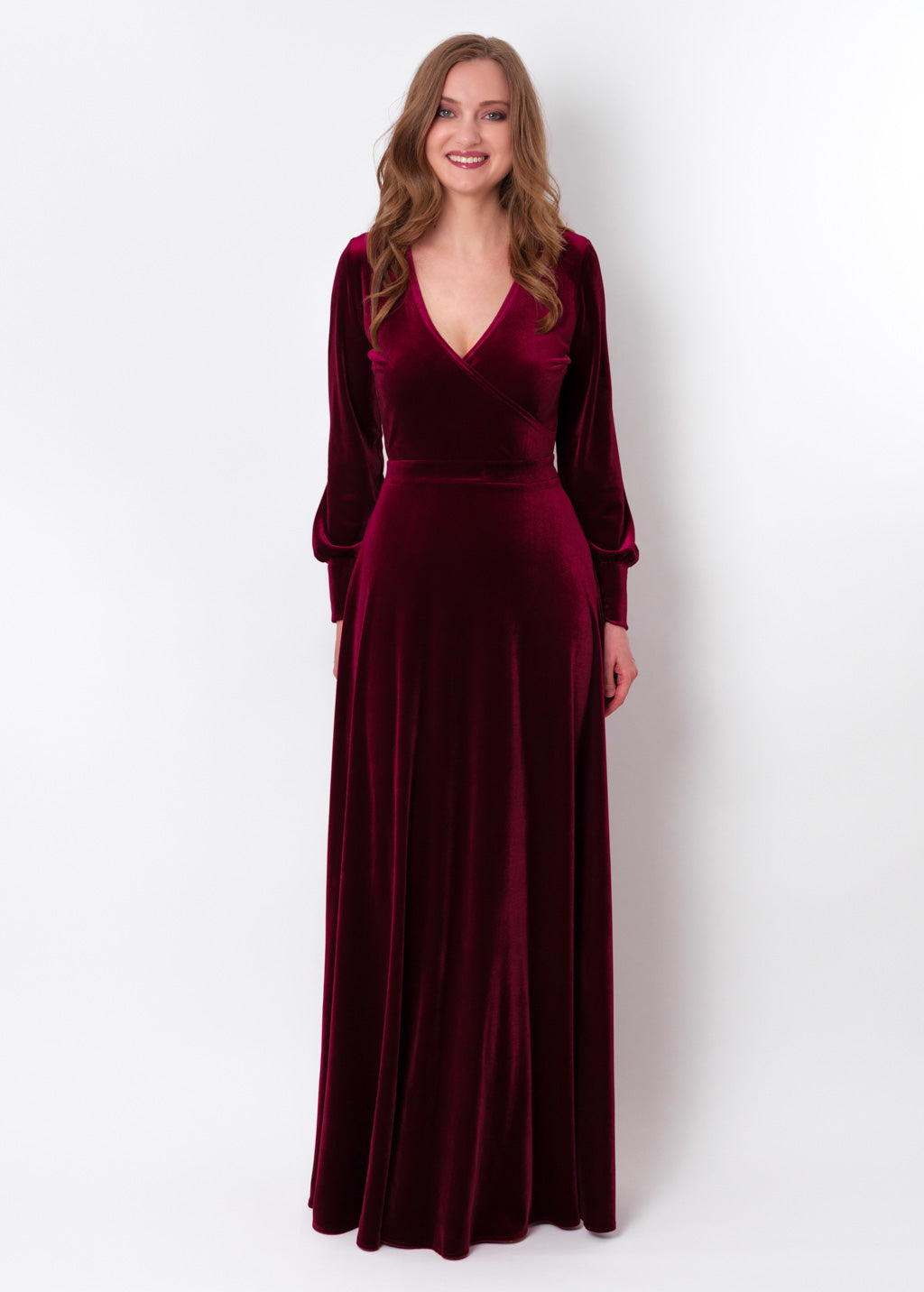Plum burgundy velvet long wrap dress