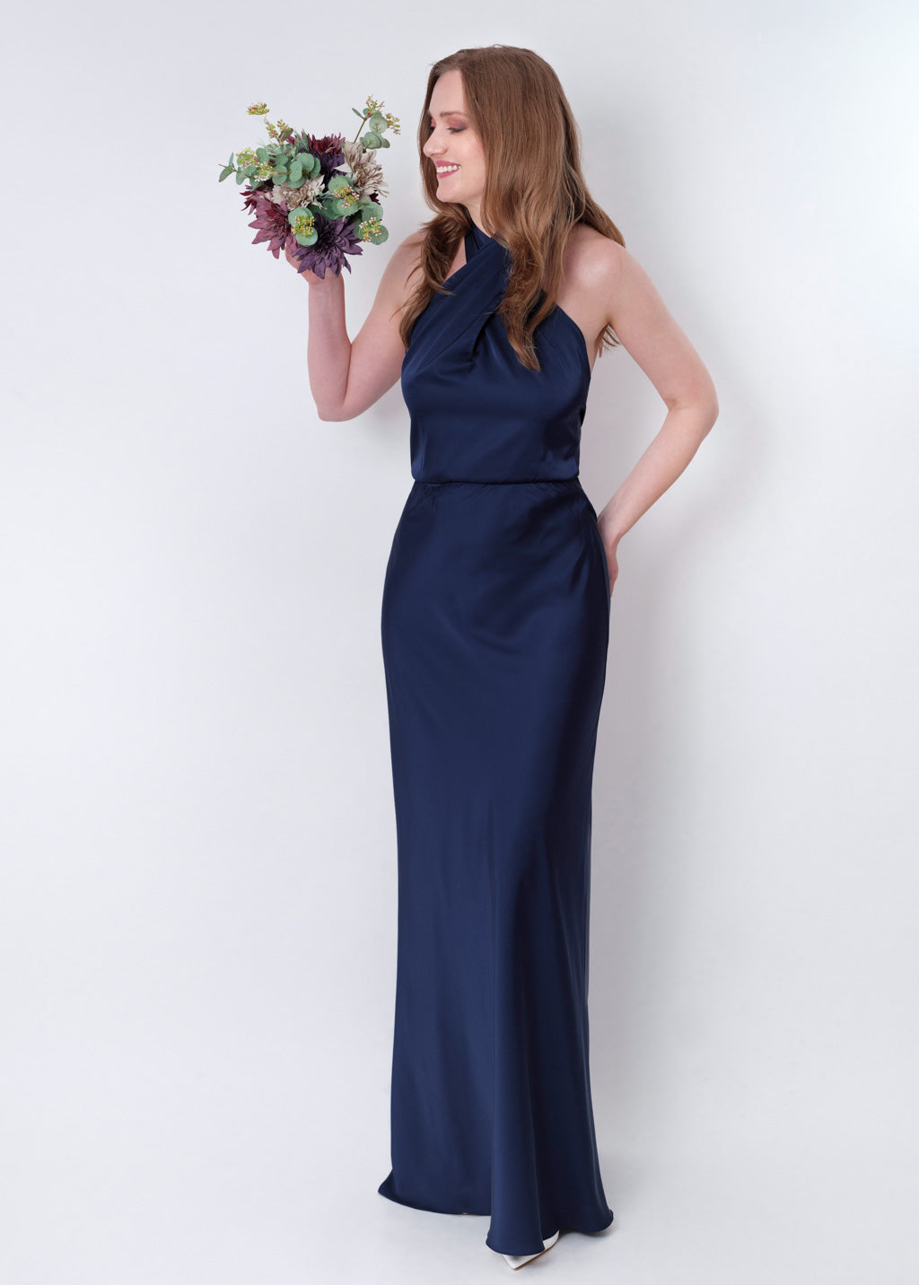 Navy blue silk long halter dress