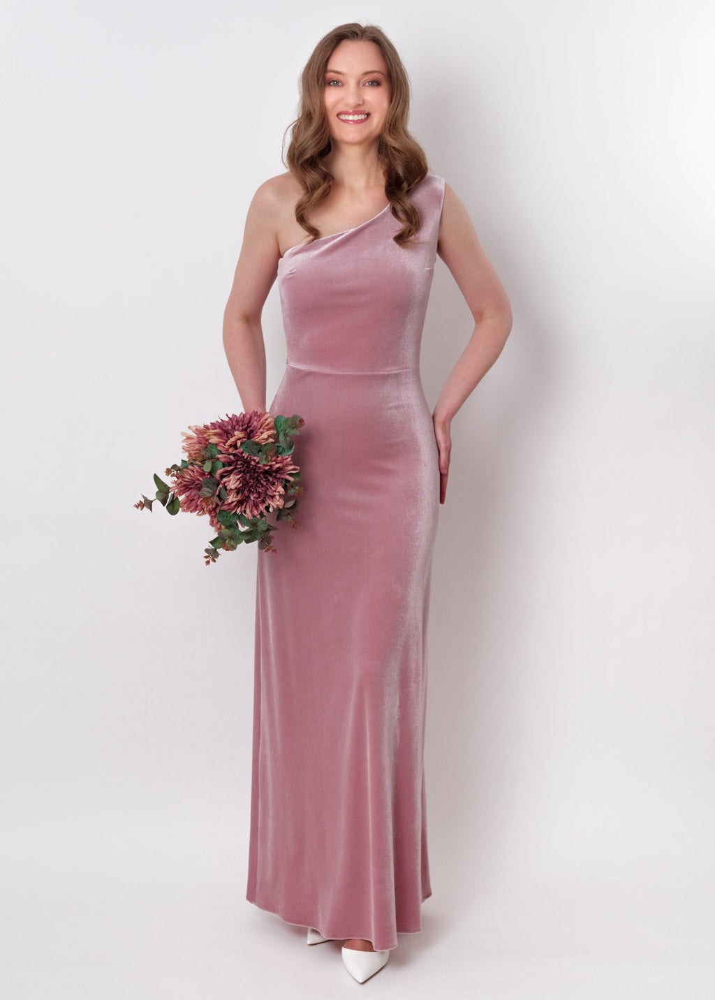 Mauve velvet one shoulder dress