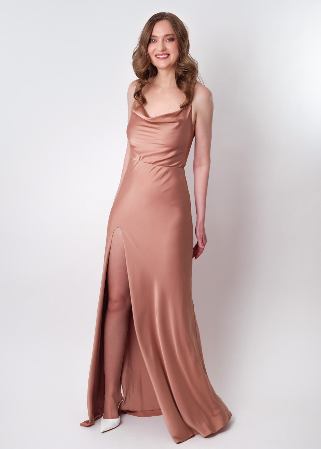 Rose gold silk slip slit dress
