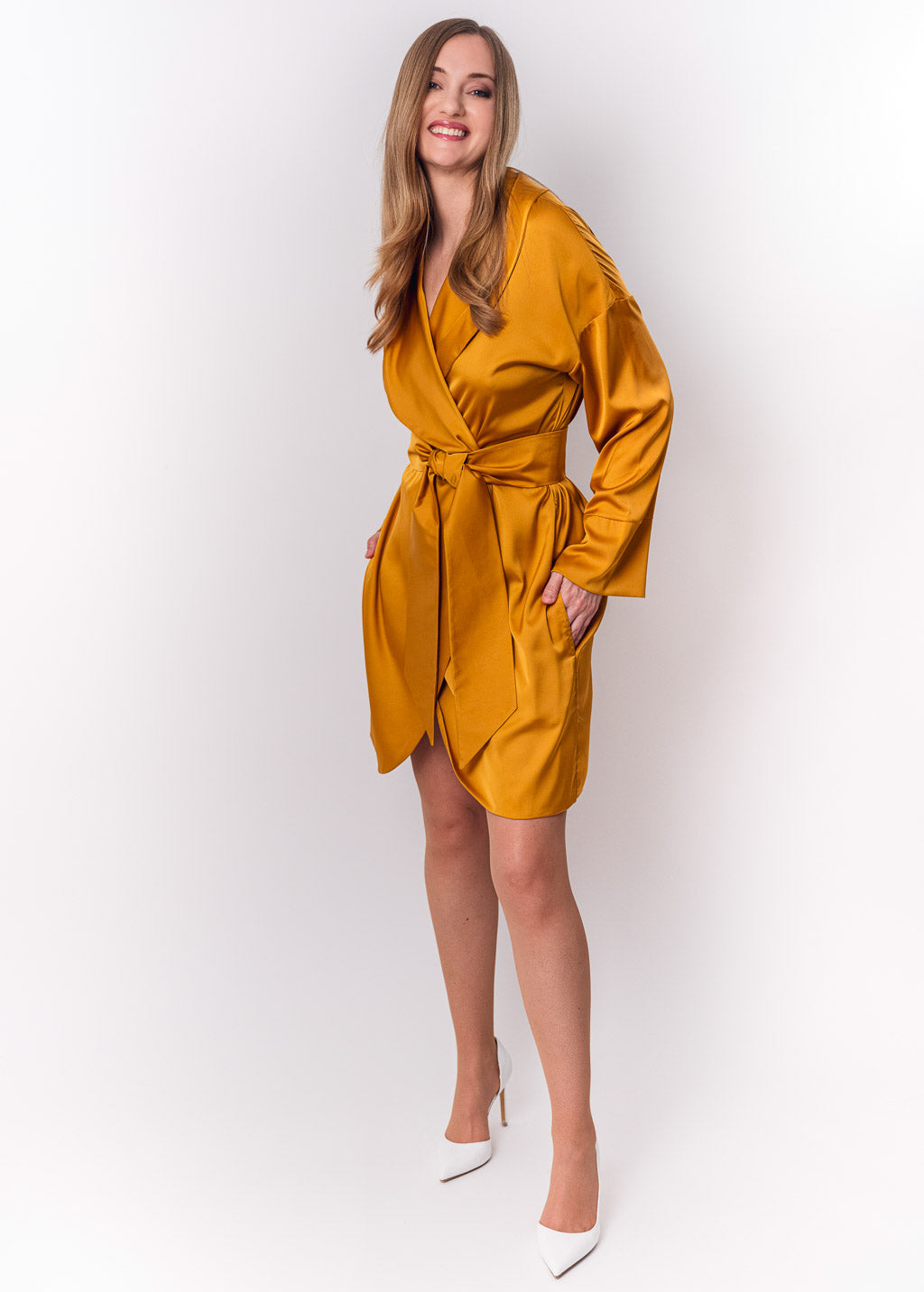 Gold silk robe with pockets