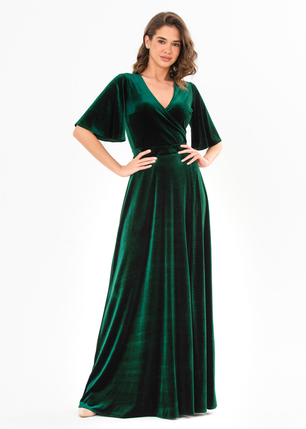 Emerald green velvet wrap slit dress