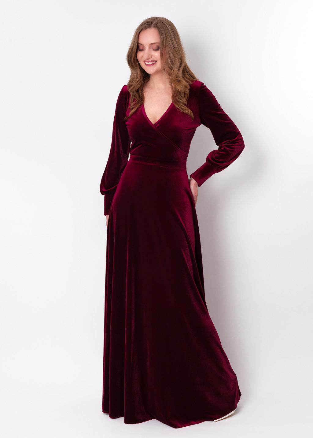 Plum burgundy velvet long wrap dress