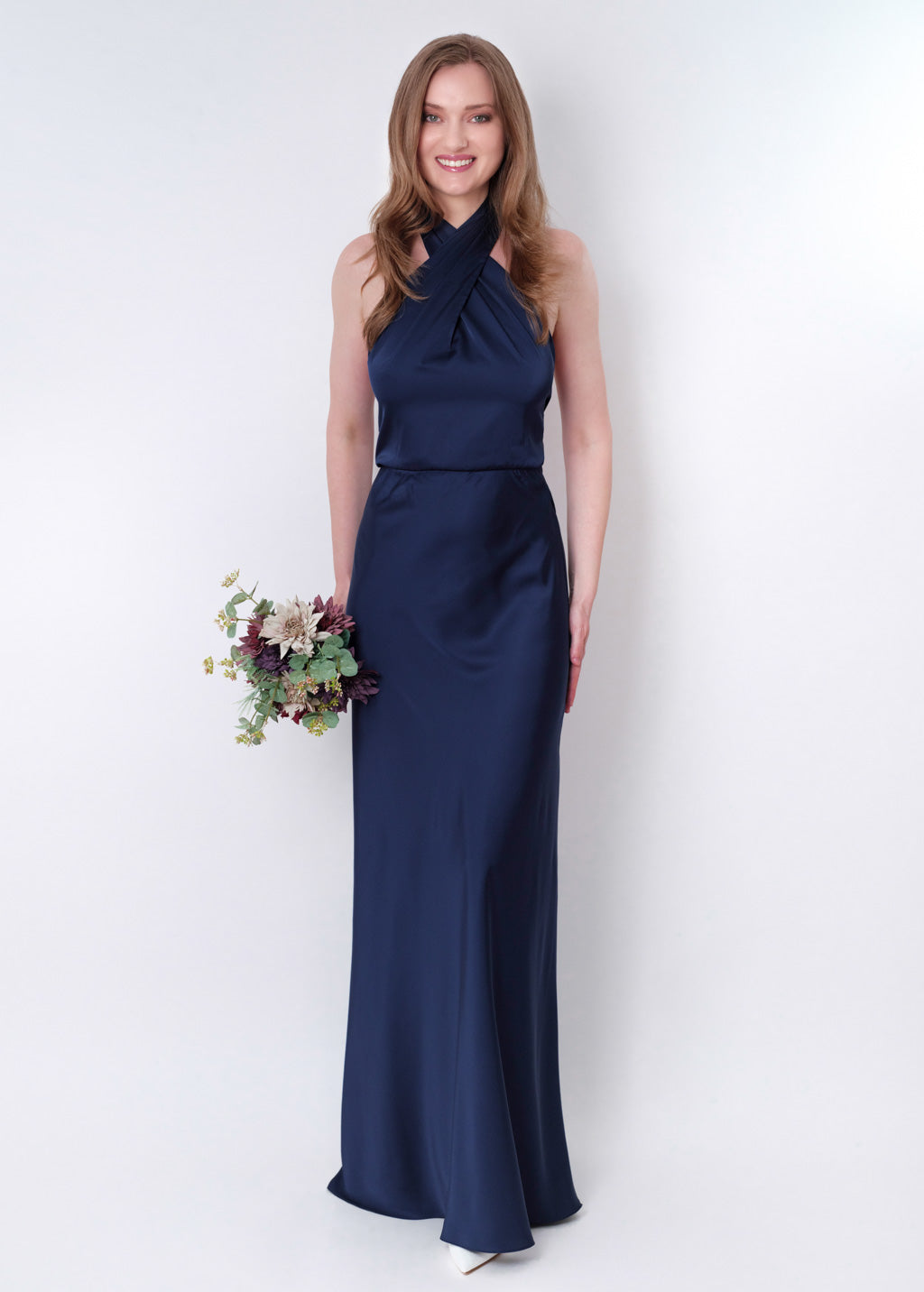 Navy blue silk long halter dress