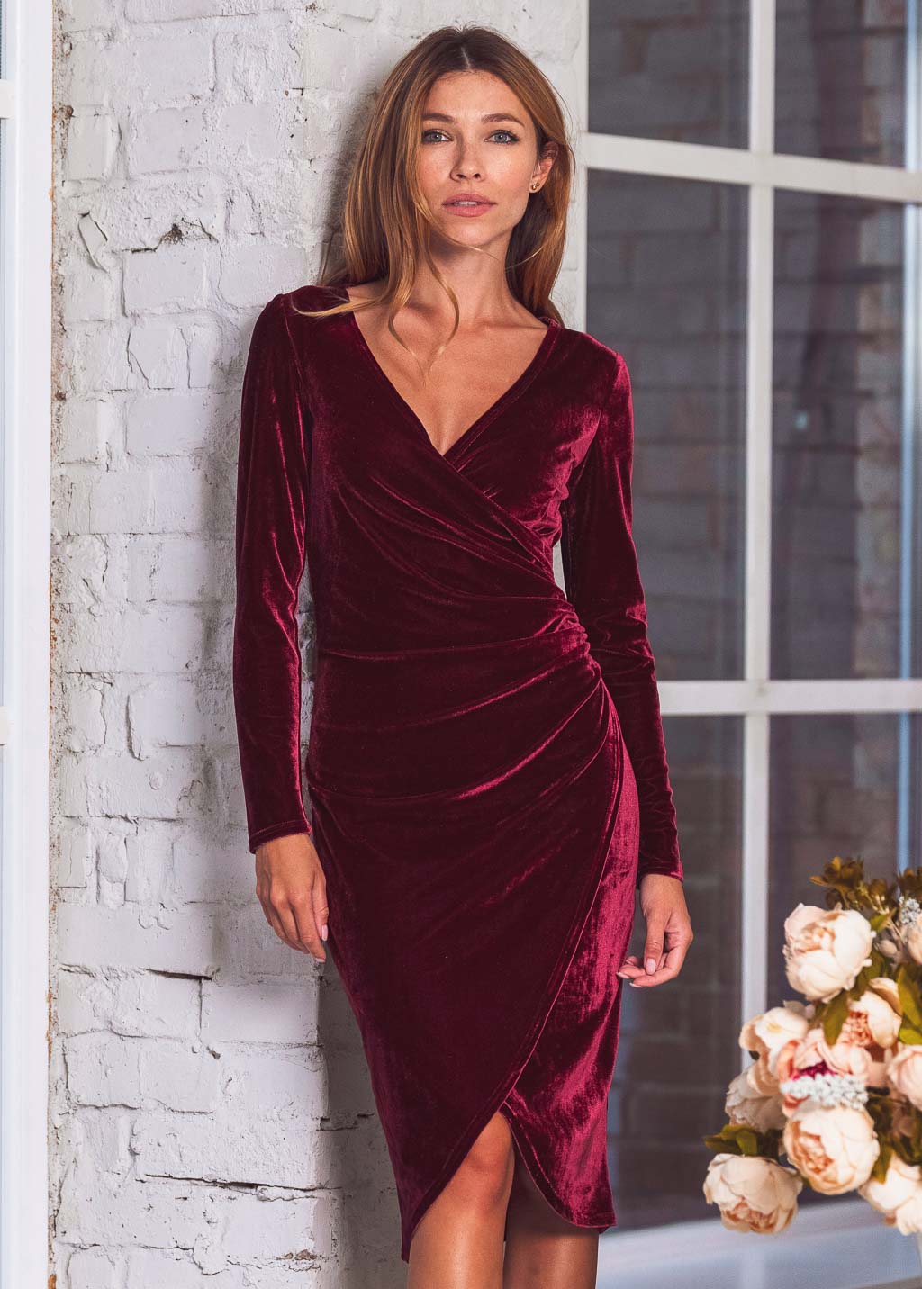 Burgundy wrap bodycon dress