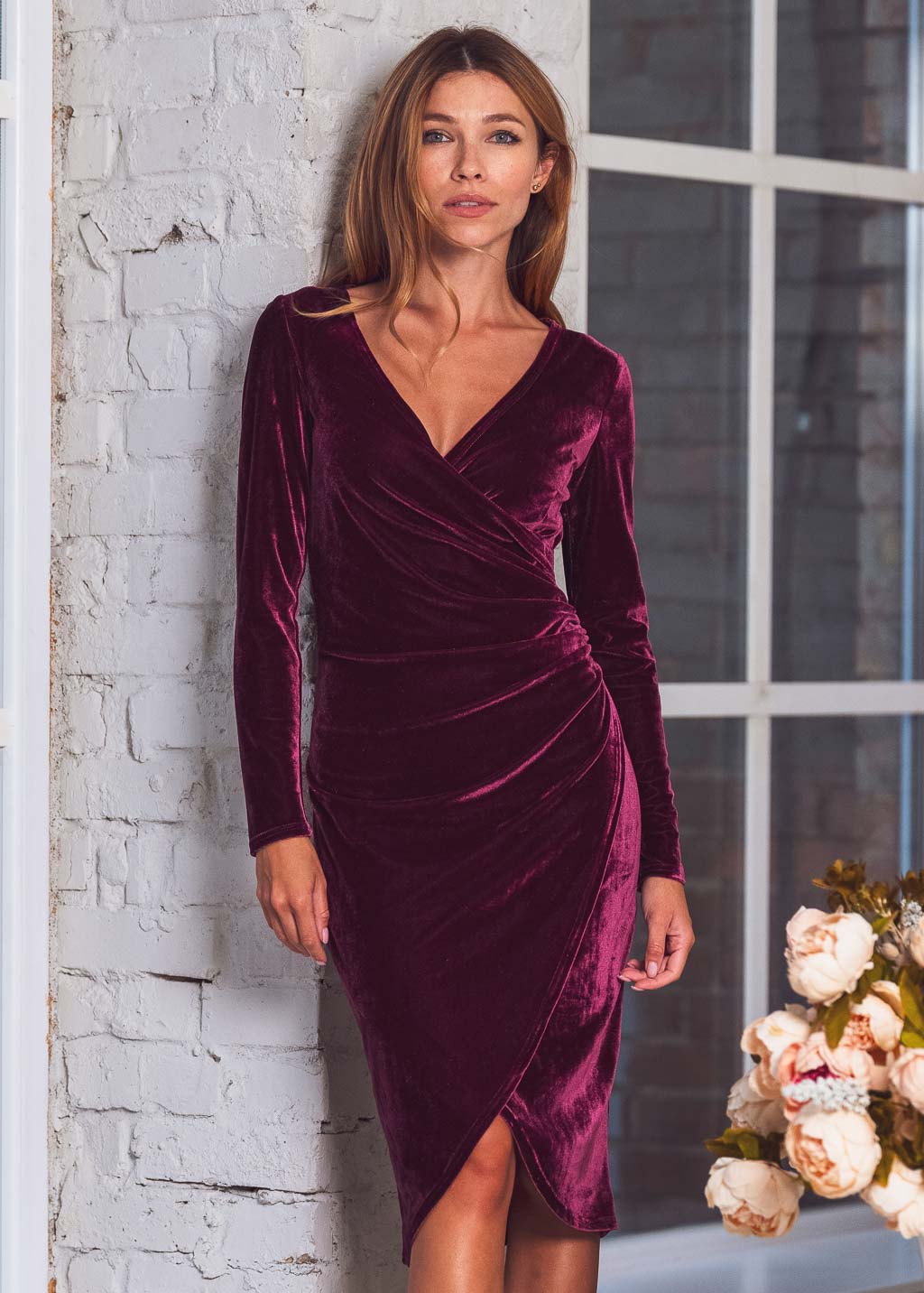 Plum burgundy wrap bodycon dress