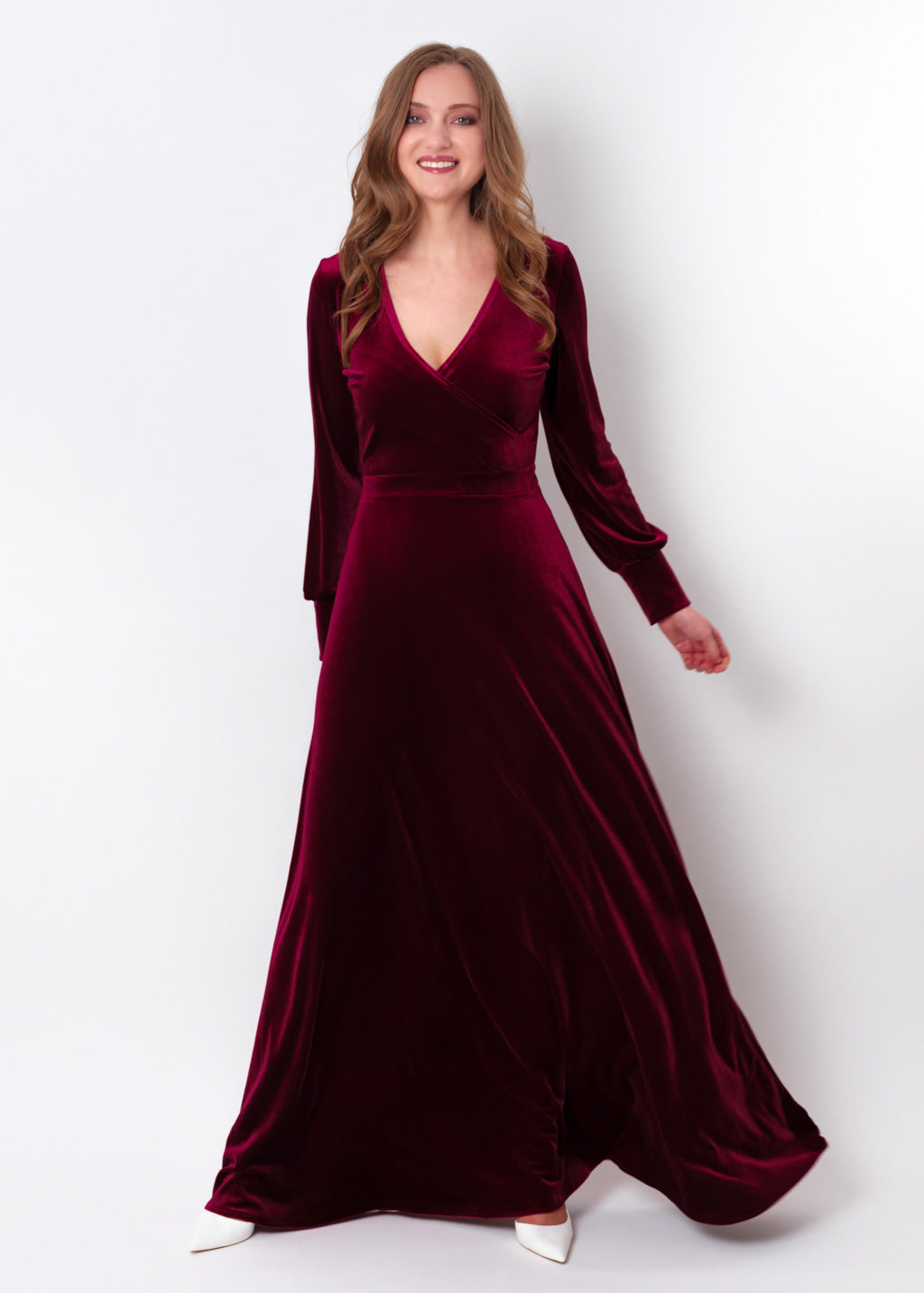 Plum burgundy velvet long wrap dress