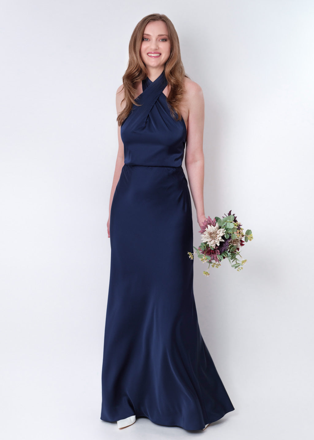 Navy blue silk long halter dress