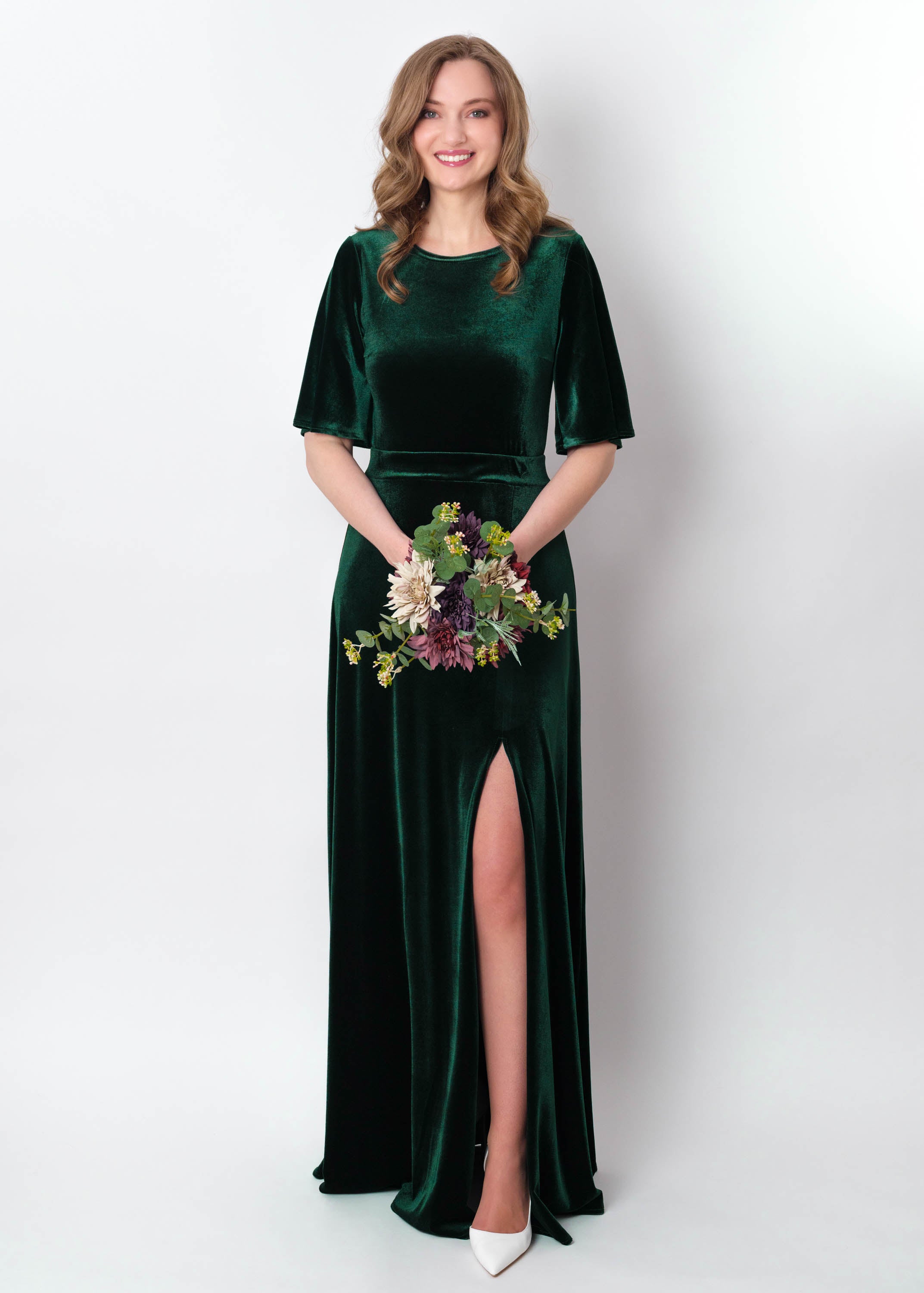 Emerald green velvet long slit dress