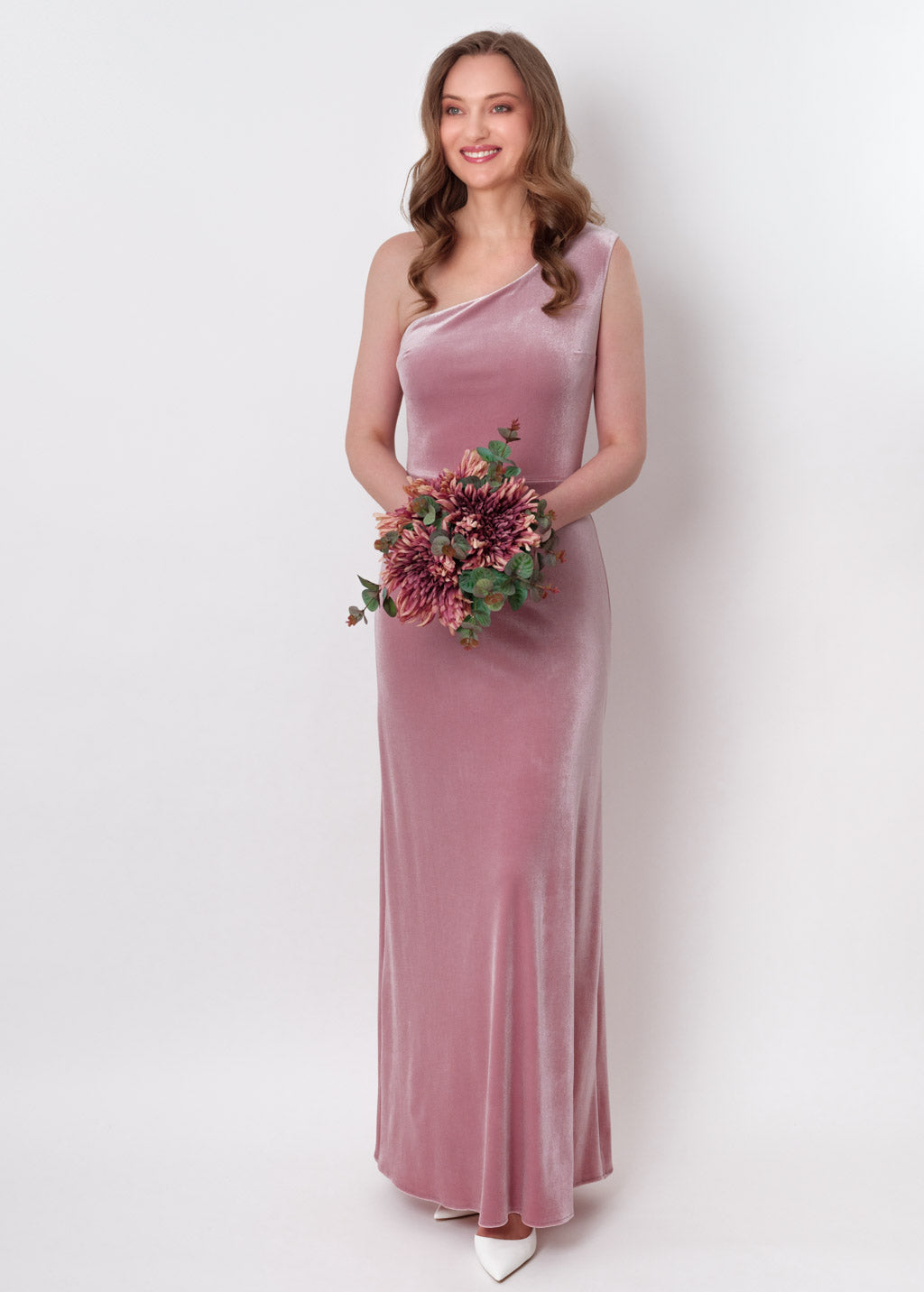 Mauve velvet one shoulder dress