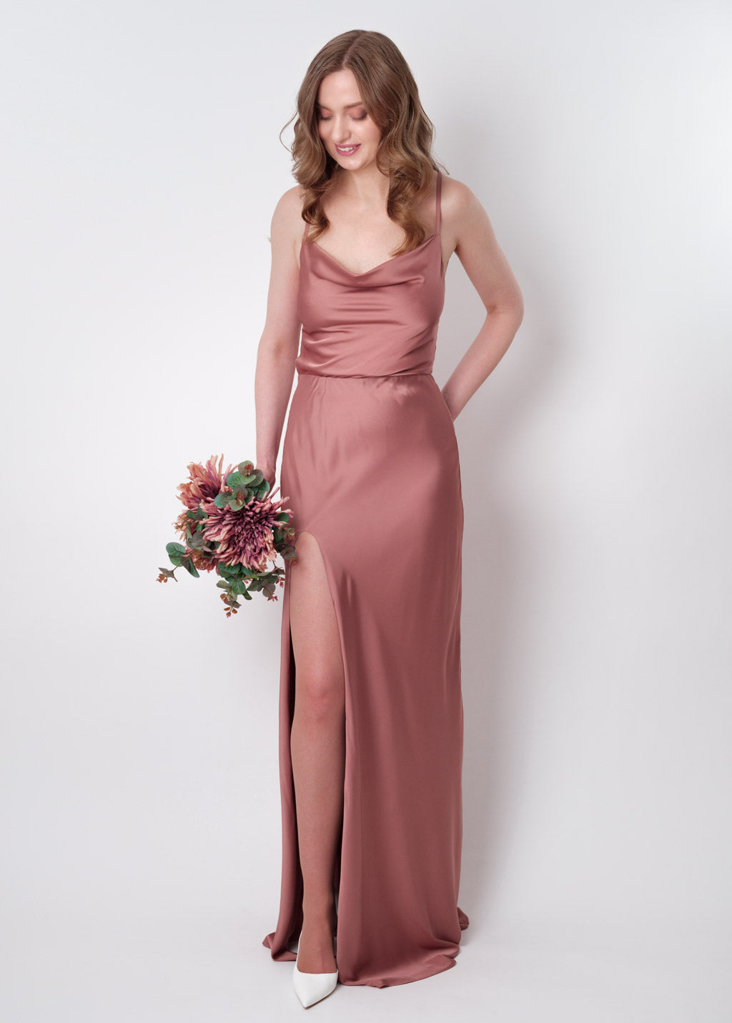 Champagne rose silk slip slit dress