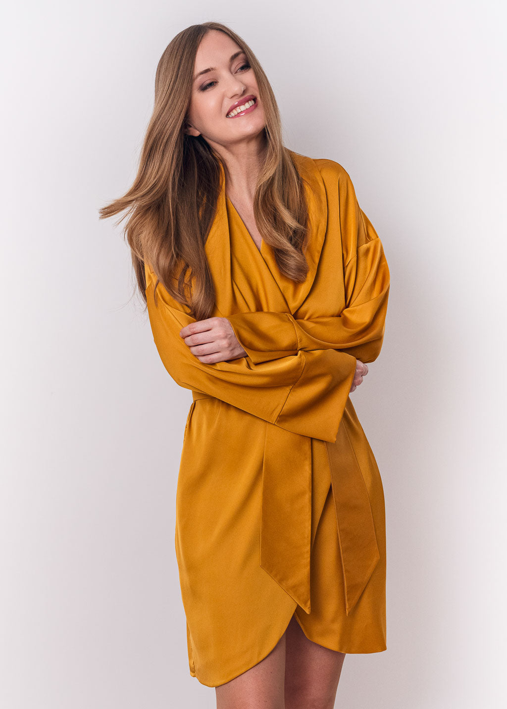 Gold silk robe with pockets