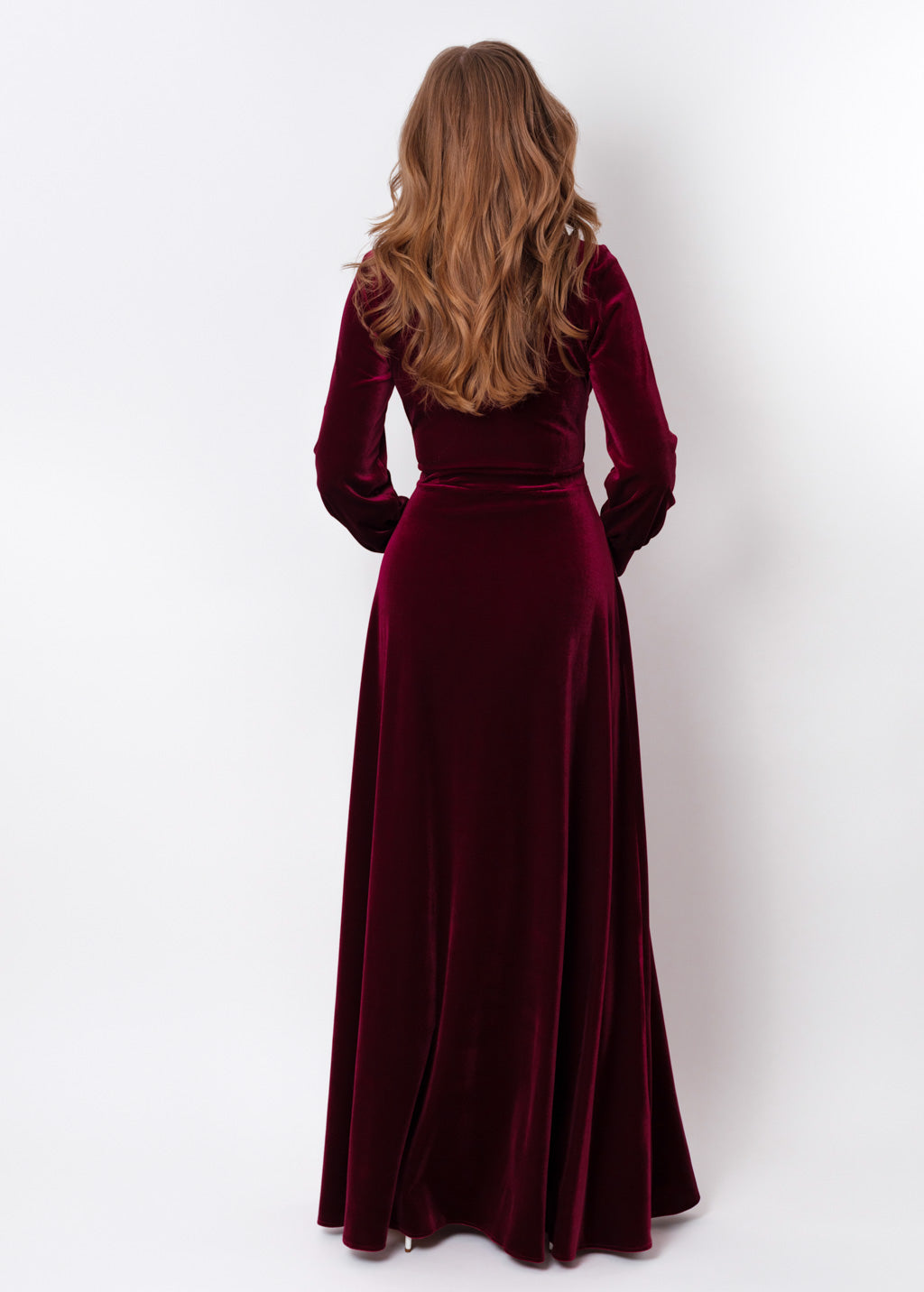 Plum burgundy velvet long wrap dress