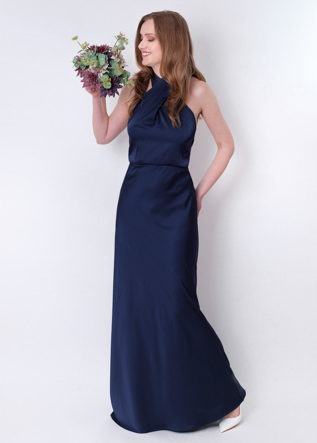 Navy blue silk long halter dress