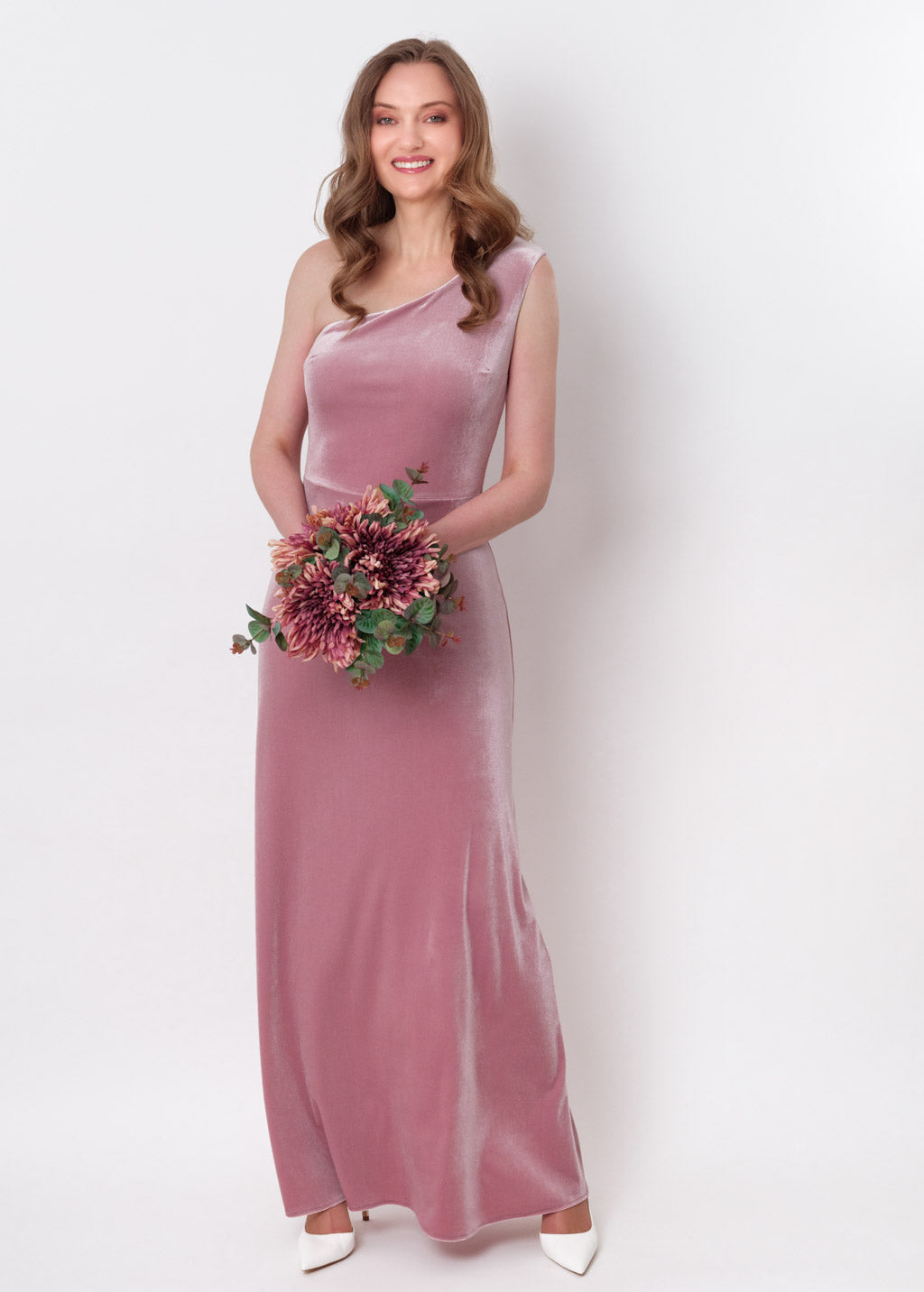 Mauve velvet one shoulder dress