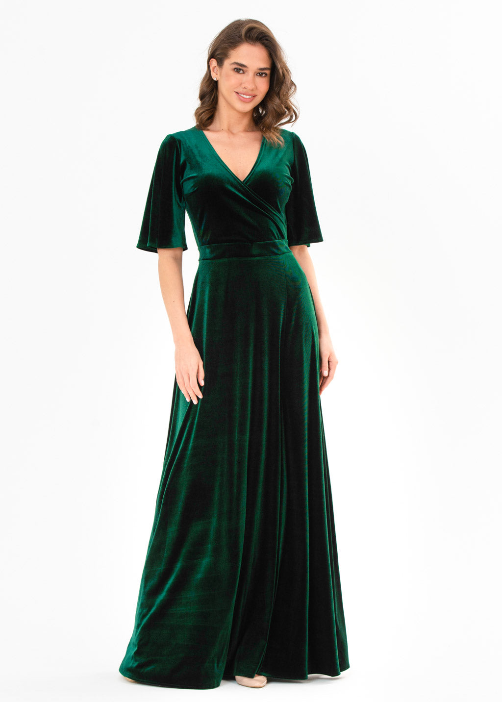 Emerald green velvet wrap slit dress
