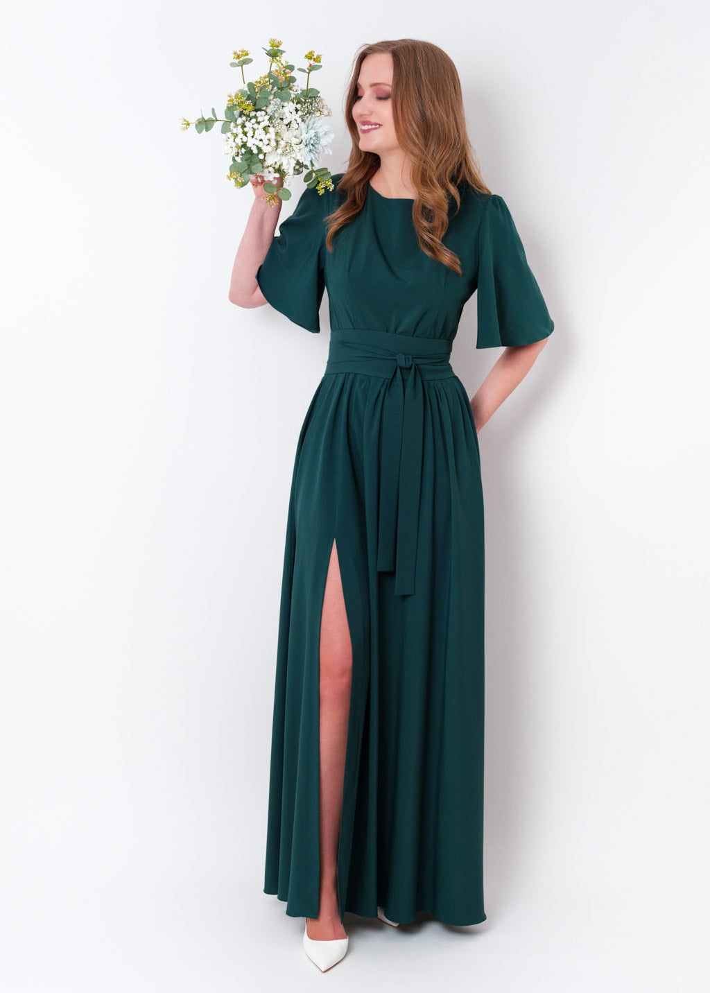 Dark Green long slit dress with belt