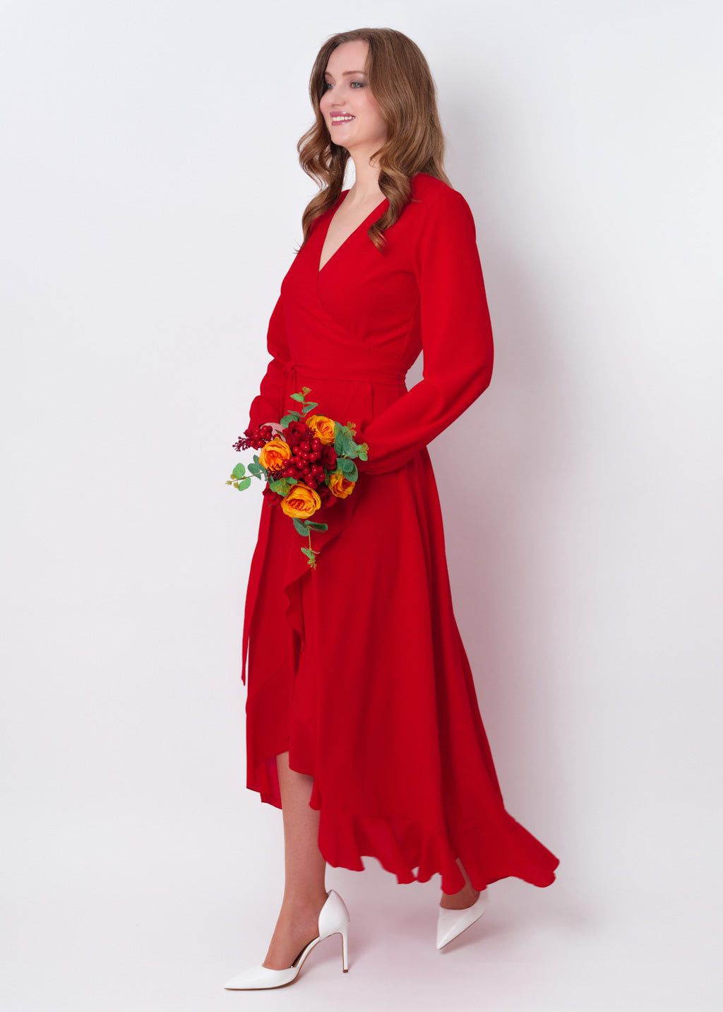 Red chiffon wrap dress