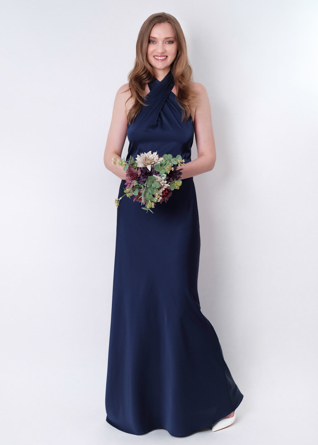 Navy blue silk long halter dress