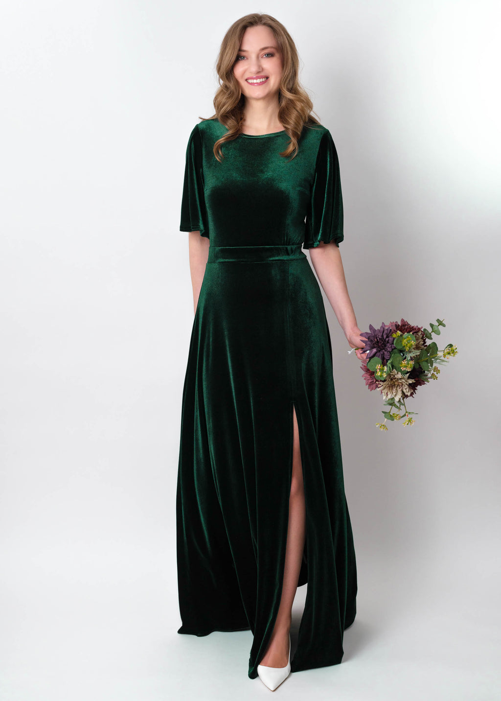 Emerald green velvet long slit dress