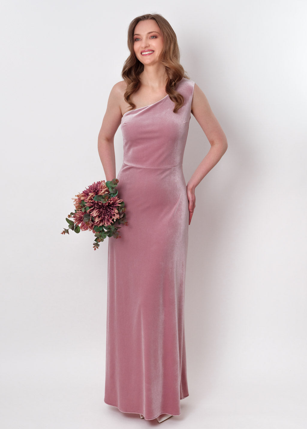 Mauve velvet one shoulder dress