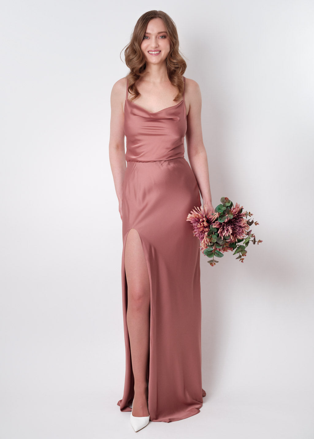 Champagne rose silk slip slit dress
