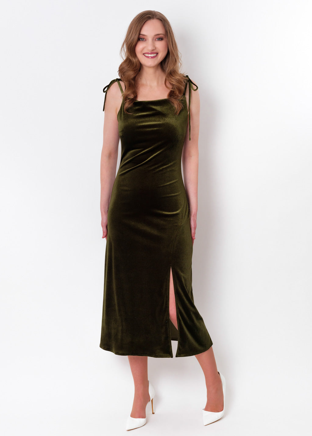 Olive green slip slit velvet bodycon dress